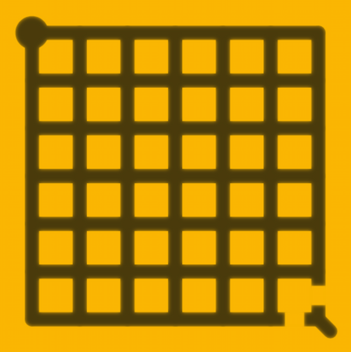 A 6x6 grid, with source top left and exit bottom right. The exit is blocked by two broken edges.