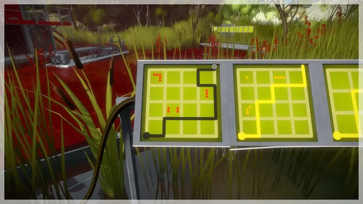 A 6x6 grid, with source top left and exit bottom right. The exit is blocked by two broken edges.